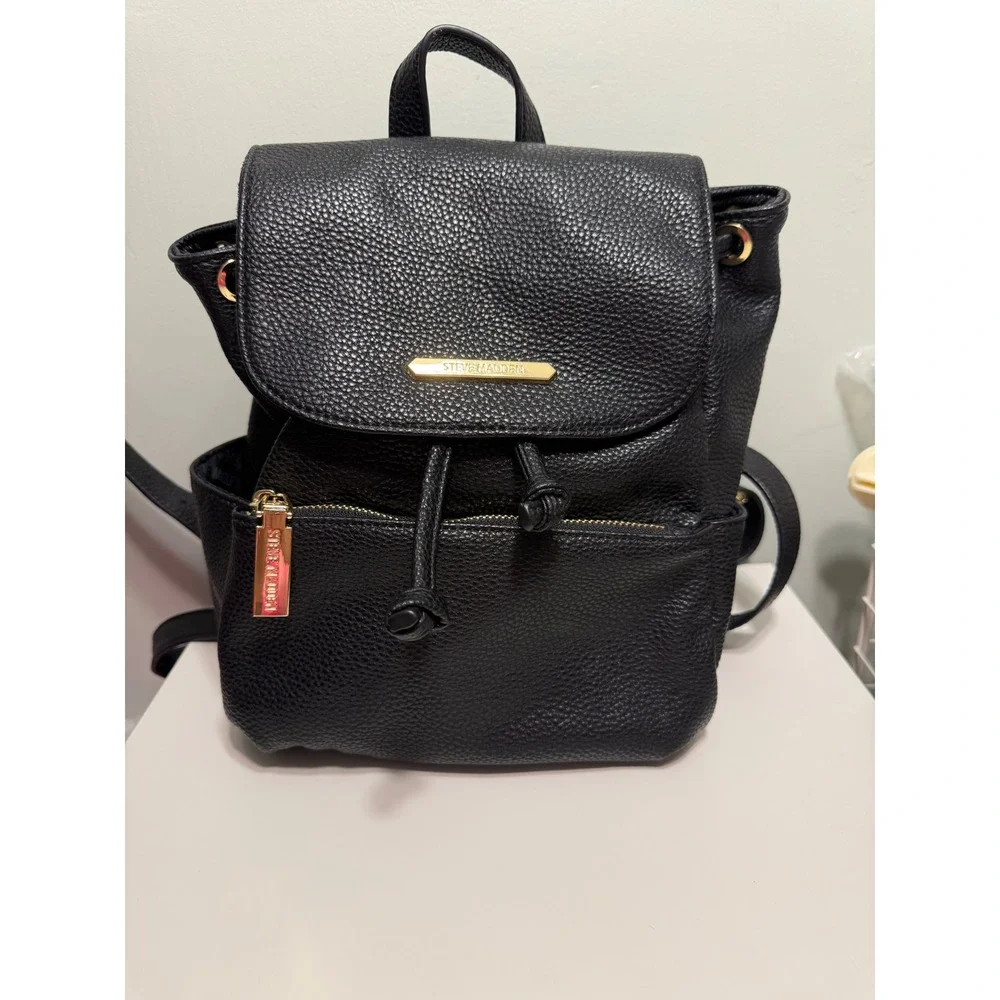 Steve Madden Mini Backpack Women Small Black Pebbled Faux Leather Gold Hardware